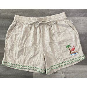 Mavrans Flamingo Beach Linen Shorts Beige Embroidery Tropical Resort $109 Medium